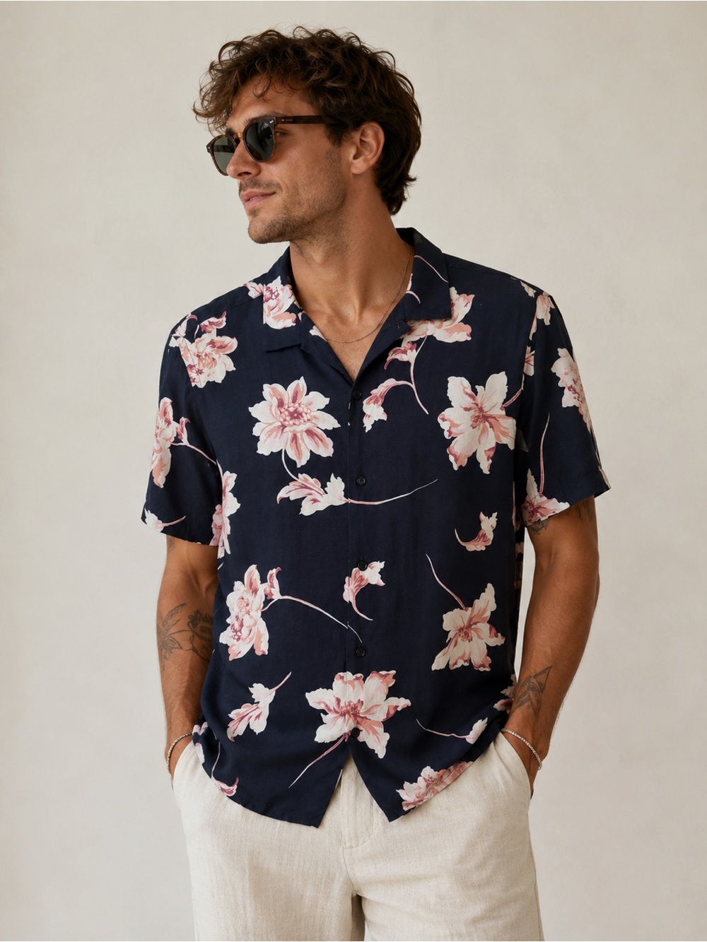 Express Navy Short-Sleeve Floral Button-Down Shirt